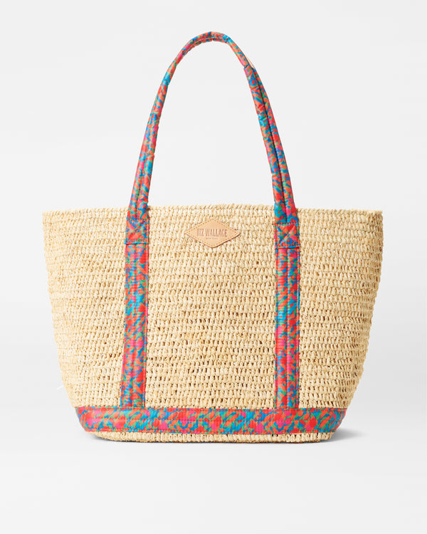 Raffia/Poppy Print Medium Raffia Tote