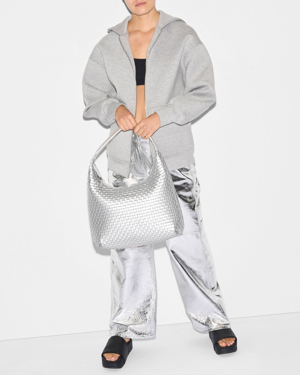 Matte Silver Large Woven Shoulder Bag