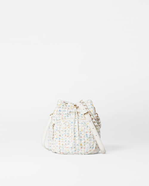 White Boucle Crosby Drawstring Bucket Bag