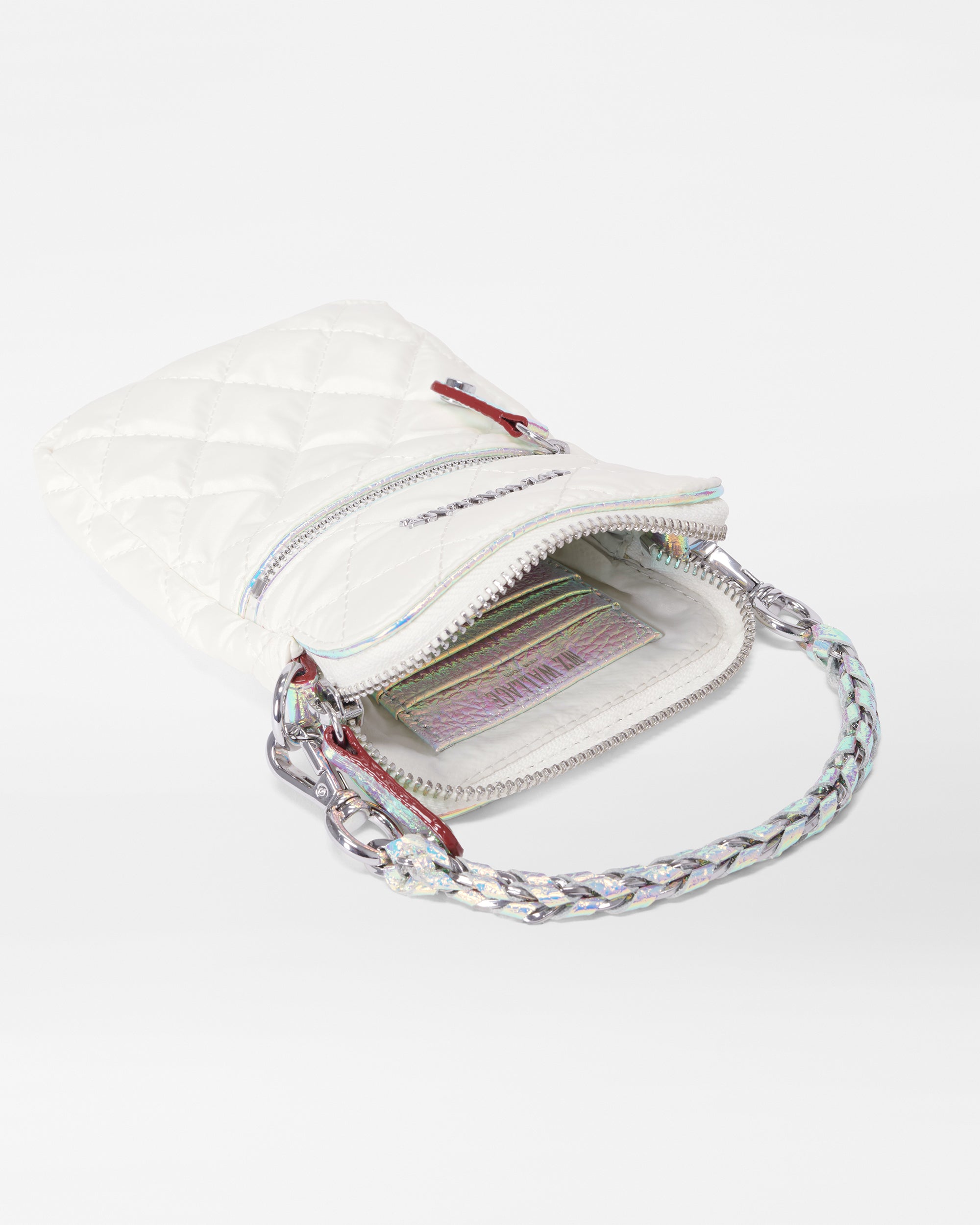 MZ Wallace Pearl Rec With Iridescent Oxford Crossbody Sling Bag in White